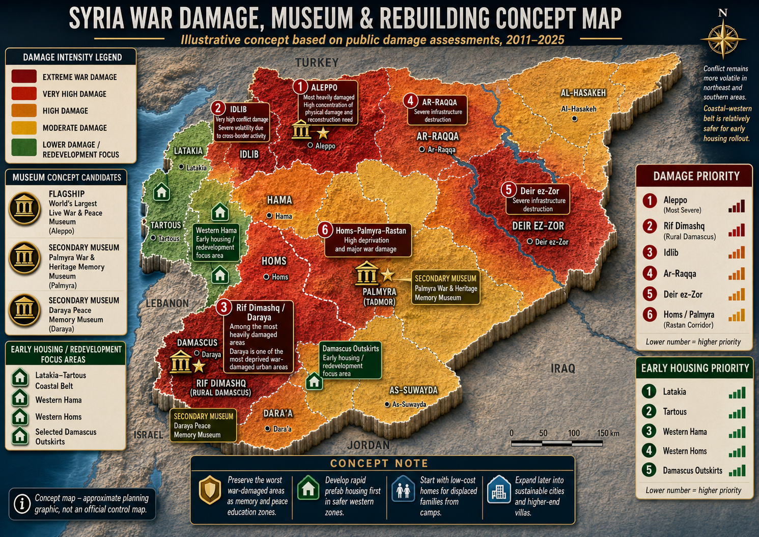 Syria war damage, museum and rebuilding concept map showing damage intensity by governorate, flagship and secondary museum candidates, and early housing redevelopment focus areas.