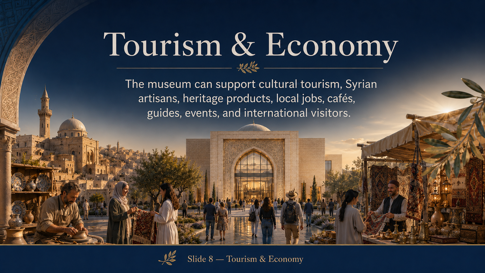 Tourism & Economy — cultural tourism, artisans, heritage products, jobs, cafés, guides, events, international visitors
